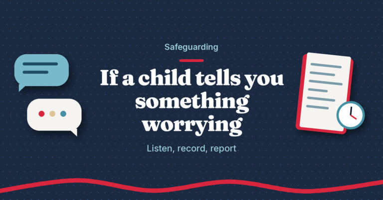 Home Illustration of two speech bubbles and a notebook with a clock next to the headline If a child tells you something worrying