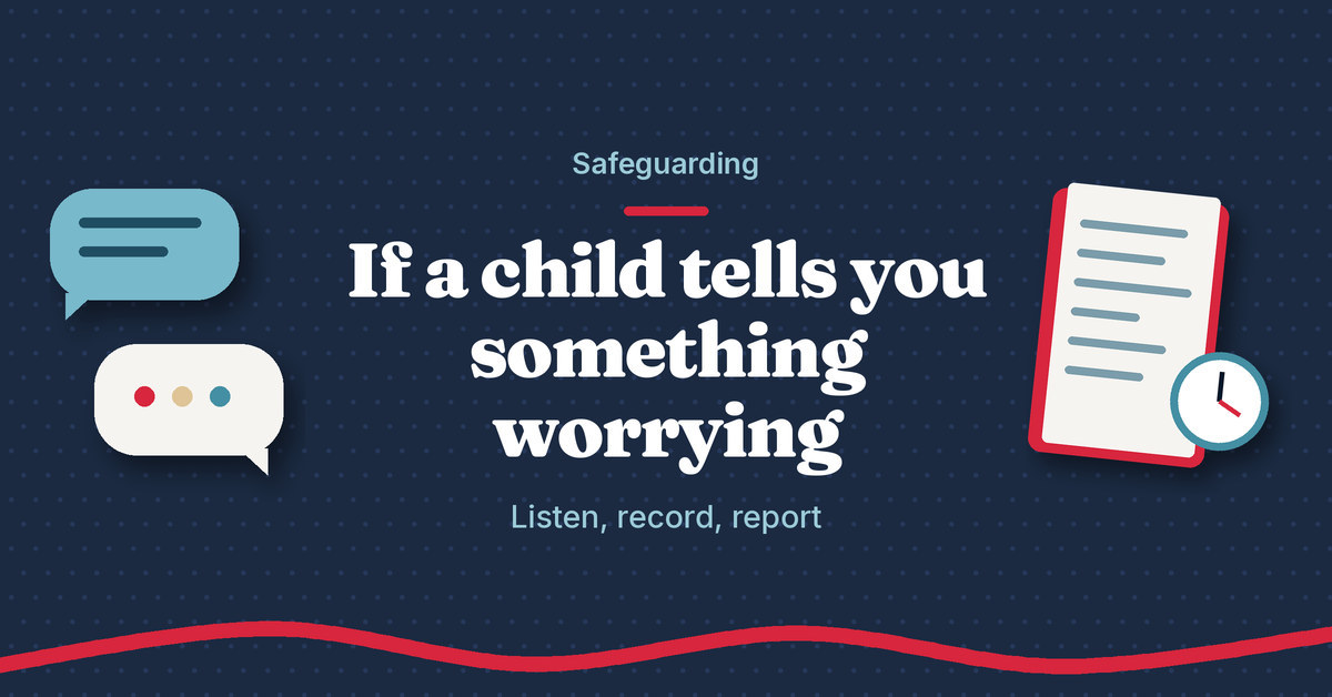 Illustration of two speech bubbles and a notebook with a clock next to the headline If a child tells you something worrying