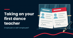 Home Illustration of two contract cards and a pen, next to the headline Taking on your first dance teacher