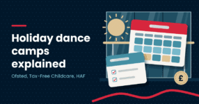 Home Illustration of a sun, a weekday timetable, a form and a pound coin, next to the headline Holiday dance camps explained