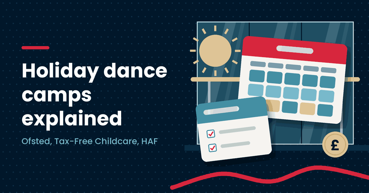Illustration of a sun, a weekday timetable, a form and a pound coin, next to the headline Holiday dance camps explained
