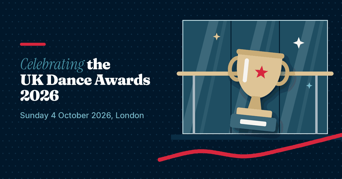 Illustration of a gold trophy with sparkles in front of a dance studio mirror and barre, next to the headline Celebrating the UK Dance Awards 2026